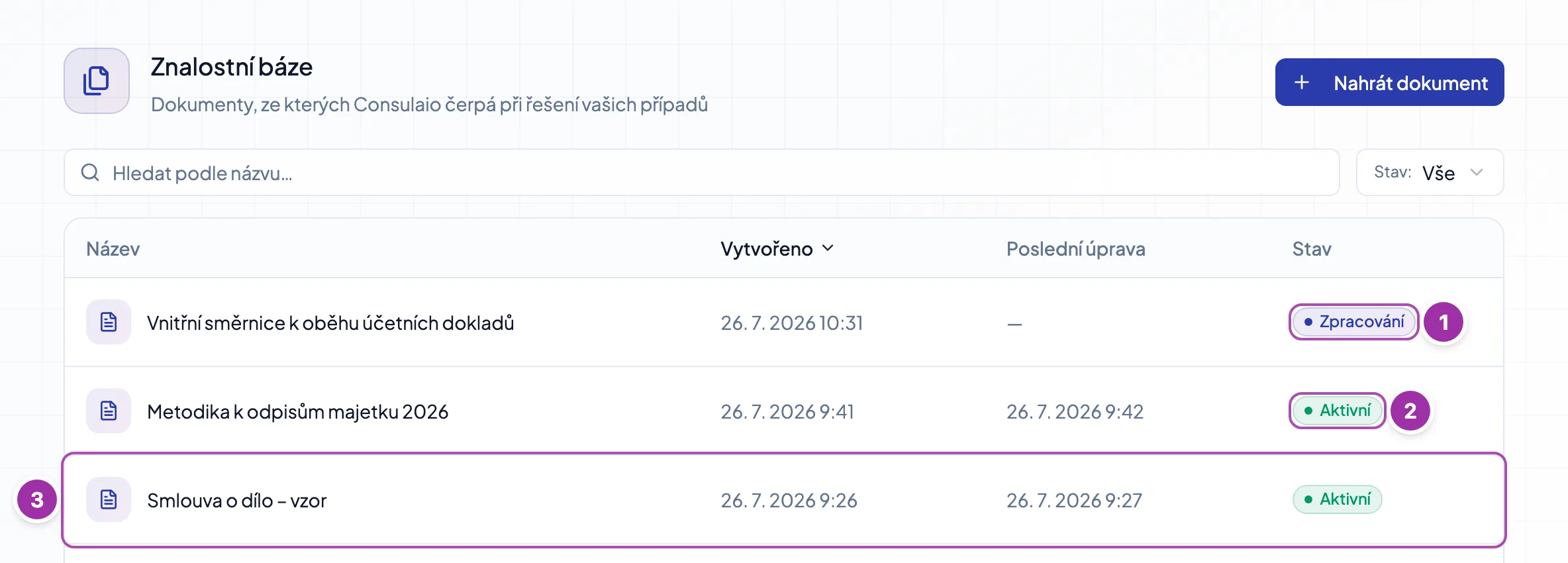 Seznam dokumentů znalostní báze se stavy