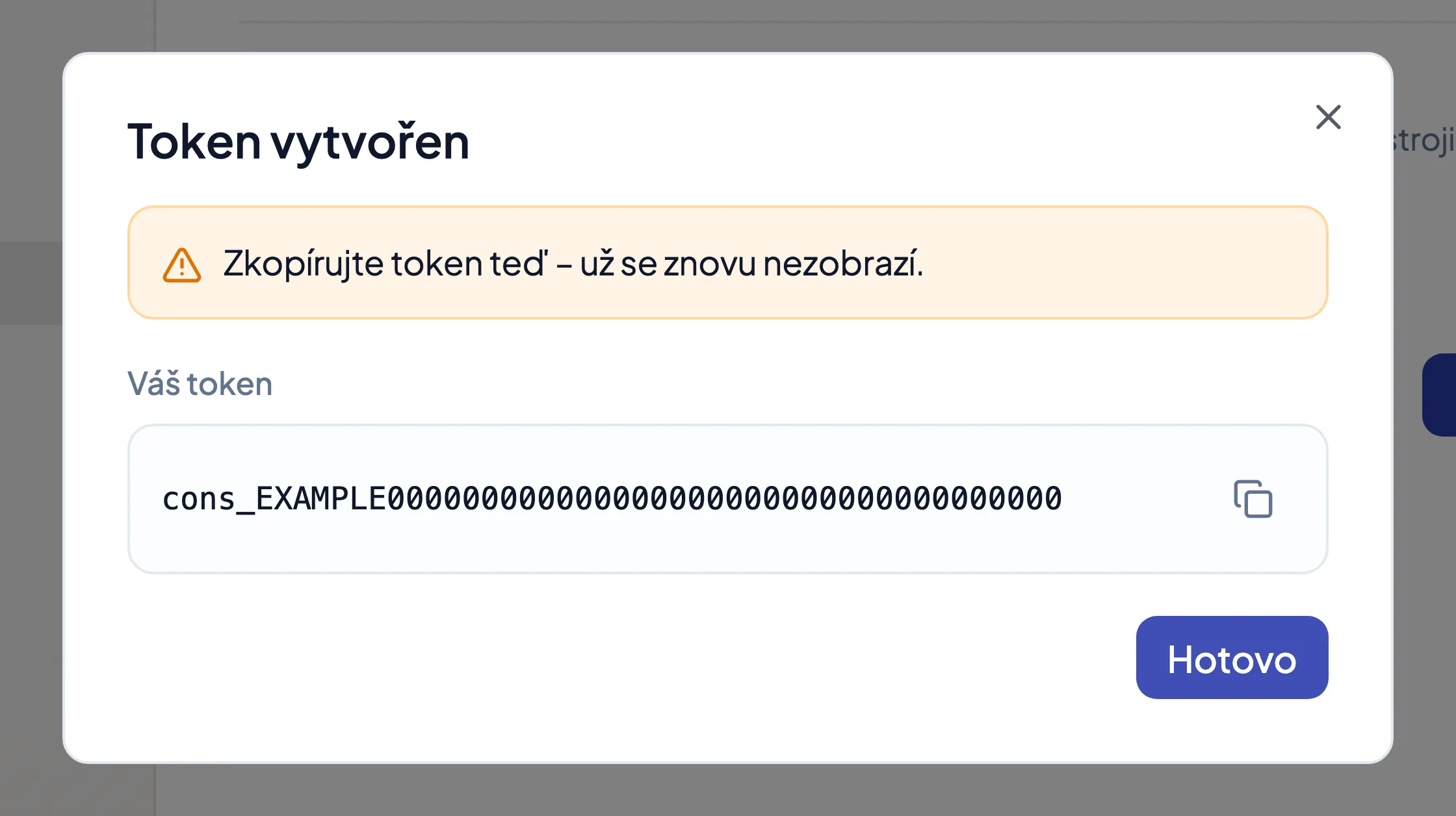 Dialog s právě vytvořeným tokenem