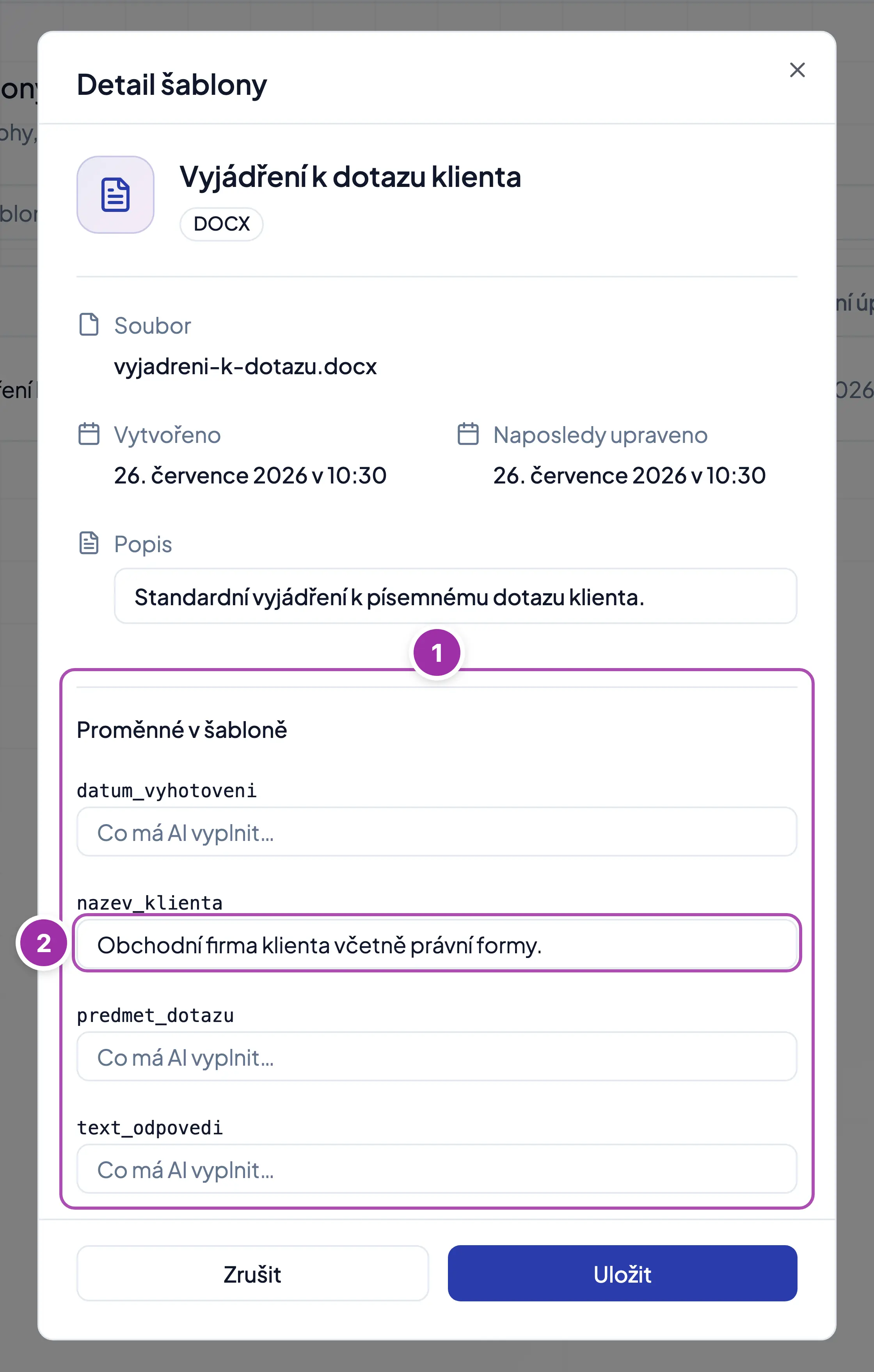 Detail šablony s nalezenými proměnnými